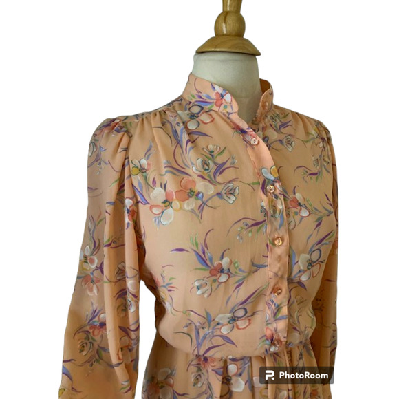 BIG SALE! Vintage 70's Matti Of Lynne Peach Floral Dress - Size 8 - Picture 5 of 10